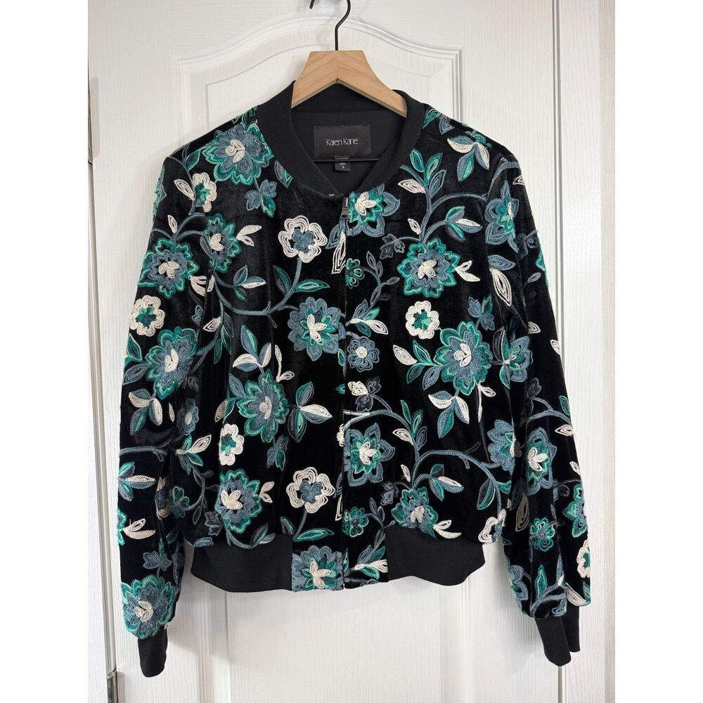 Karen Kane Floral Velvet Bomber Jacket Womens S Black Embroidered Zip Front